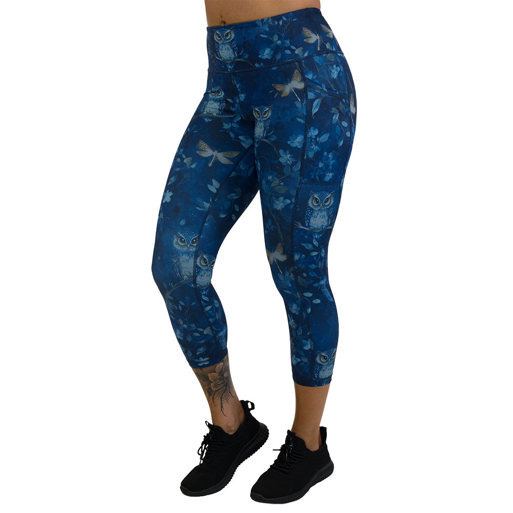 blue owl patterned leggings