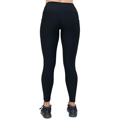 back of full length black ribbed leggings
