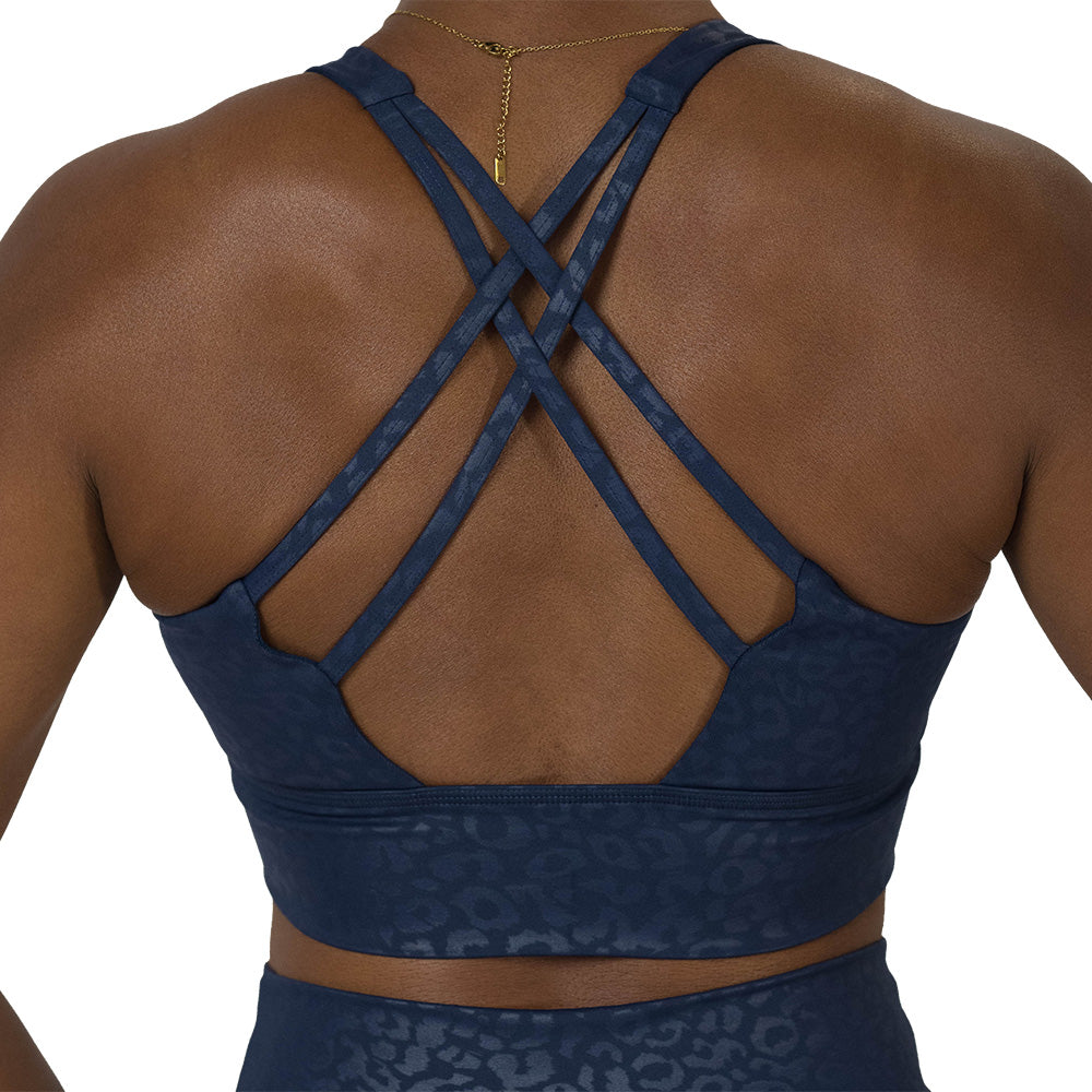 back of the Blue leopard print patterned sports bra