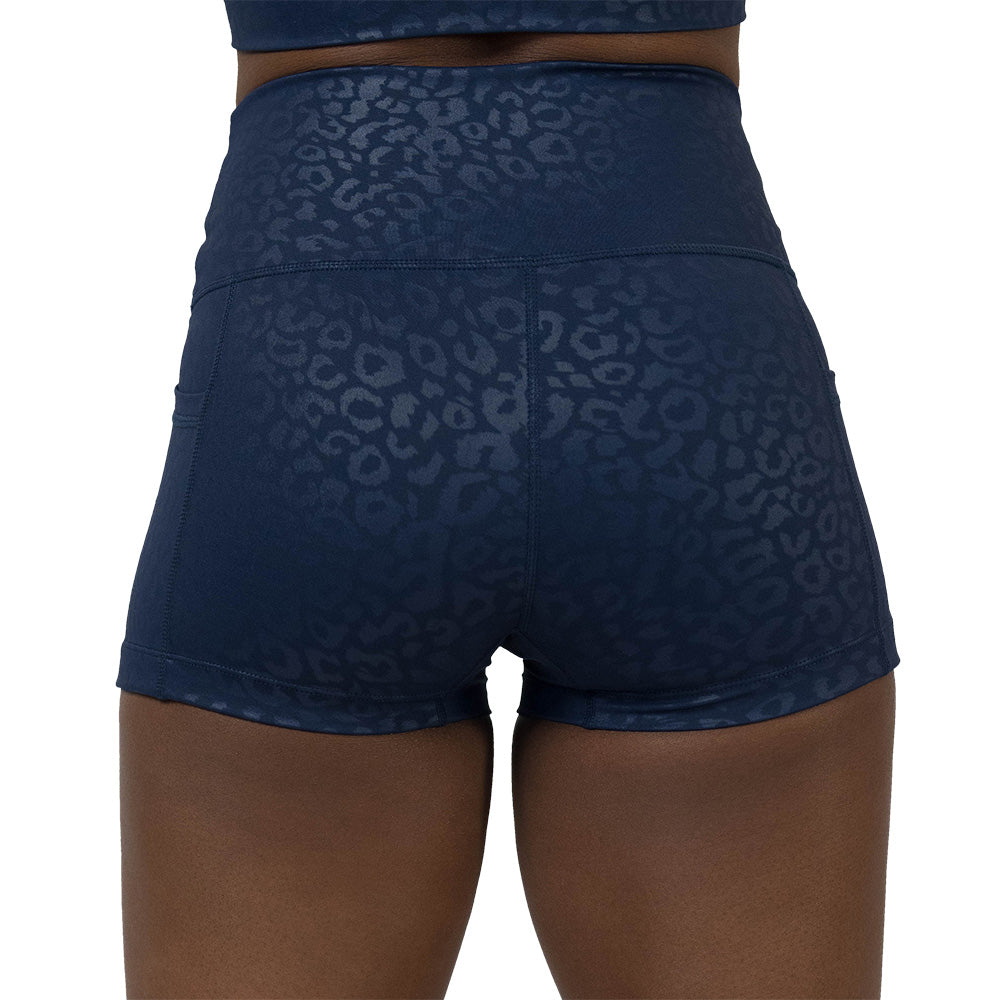 back of the Blue leopard print patterned shorts