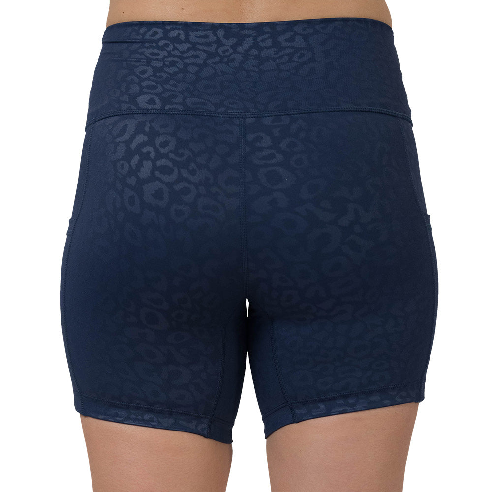 back of the Blue leopard print patterned shorts