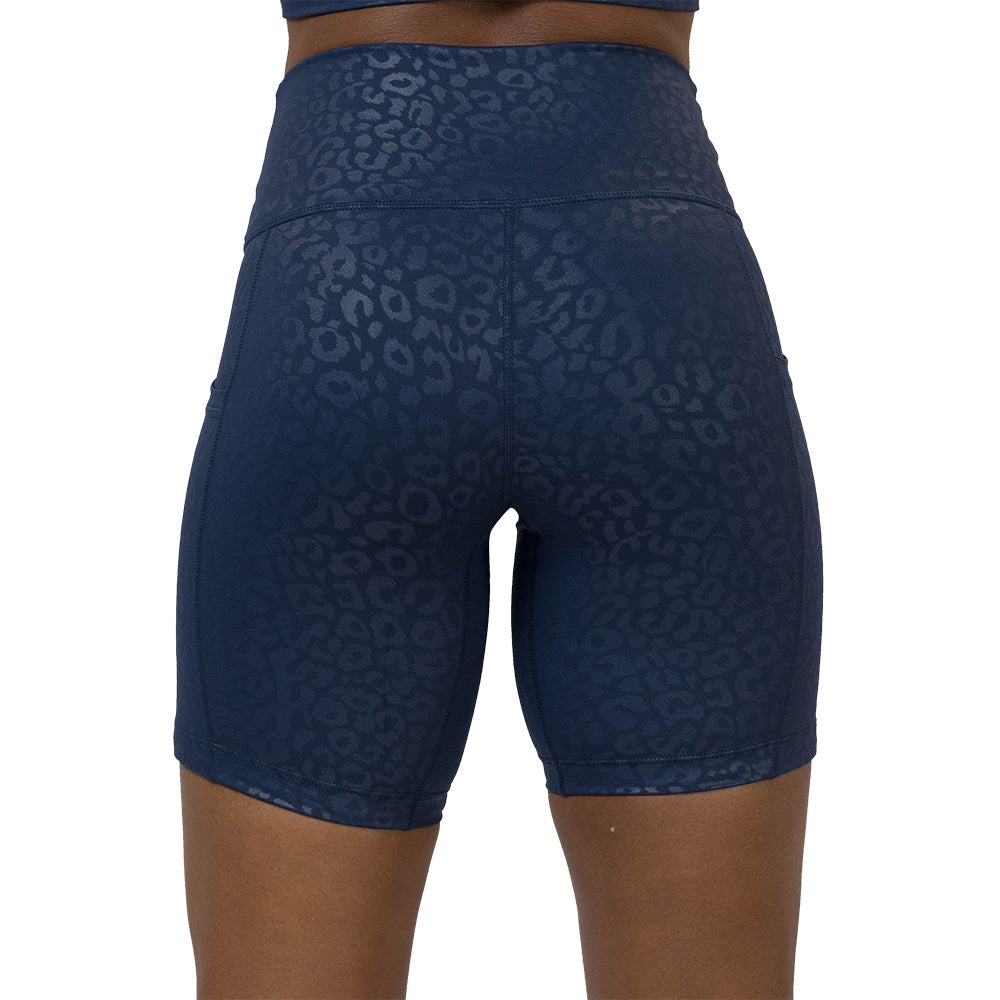 back of the Blue leopard print patterned shorts
