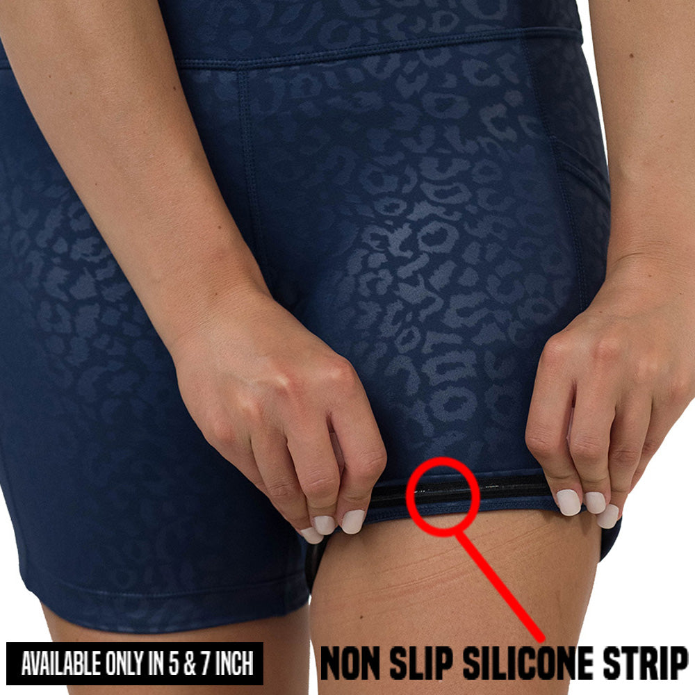non slip strip on the Blue leopard print patterned shorts