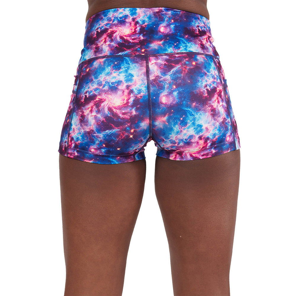 back of the galaxy patterned shorts