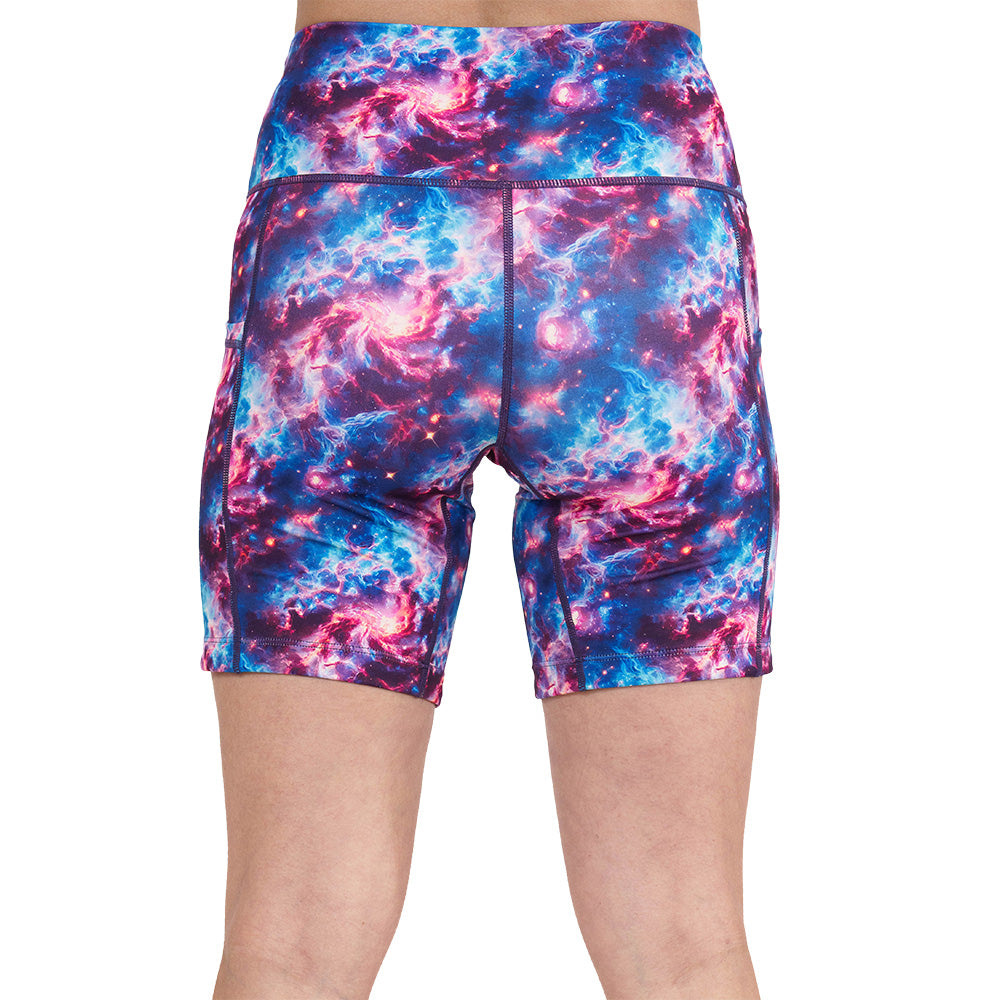 back of the galaxy patterned shorts