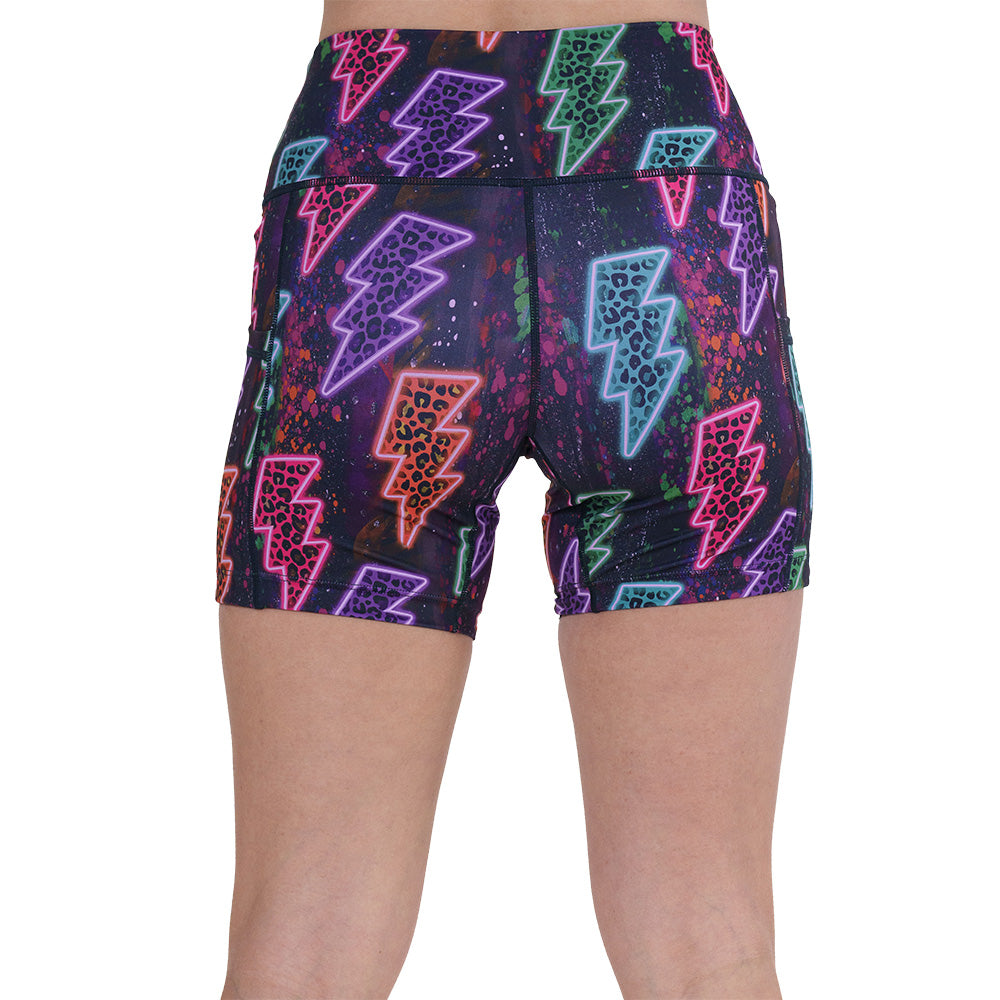 back of the neon thunderbolts patterned shorts