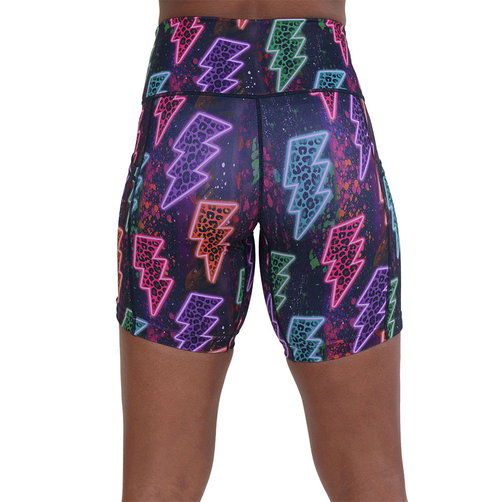 back of the neon thunderbolts patterned shorts