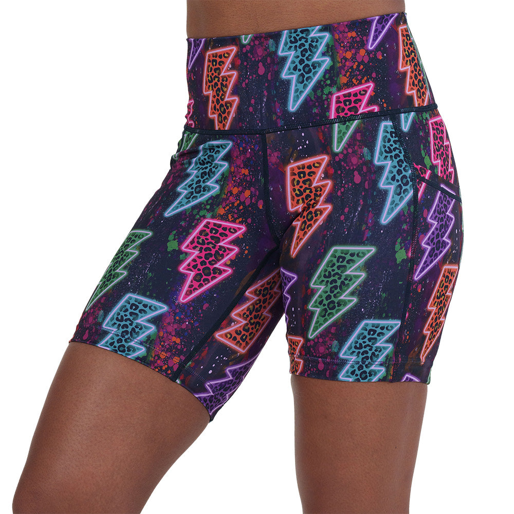 7 inch neon thunderbolts patterned shorts