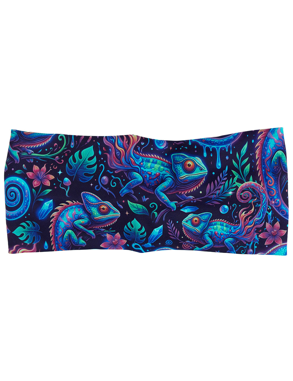front of the orange, blue, and red chameleons headband against a white background