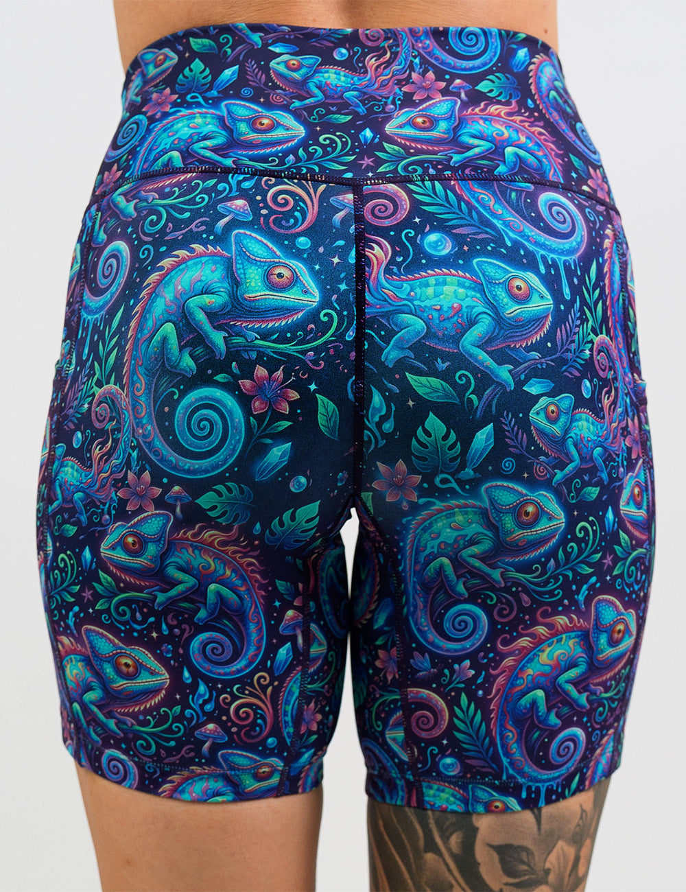 back of the orange, blue, and red chameleons 7 inch shorts against a white background