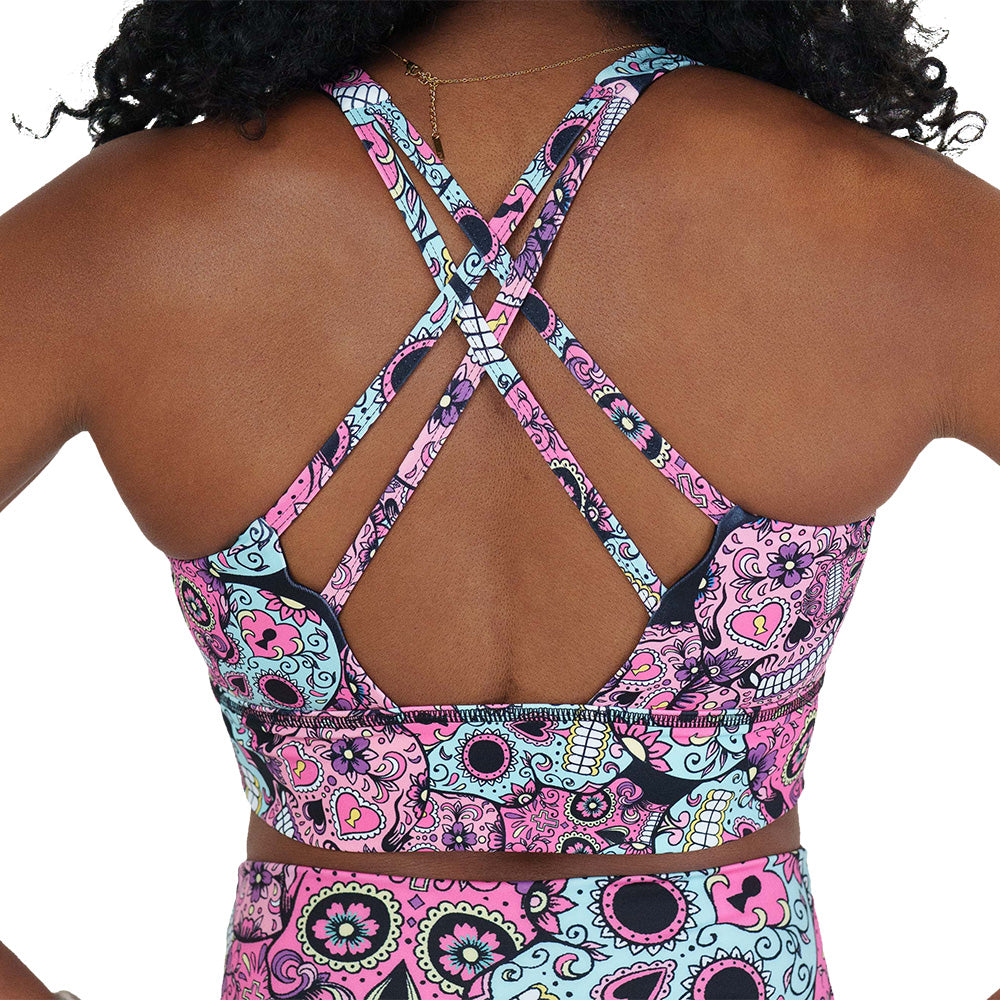 back of the pink, blue & purple skull print bra