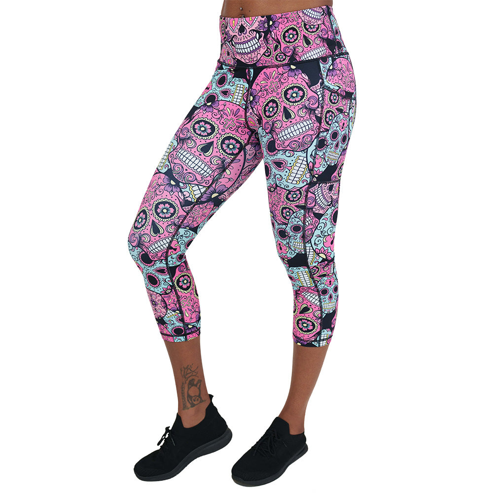pink, blue & purple skull print leggings