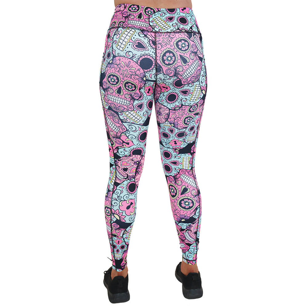 back of the pink, blue & purple skull print leggings