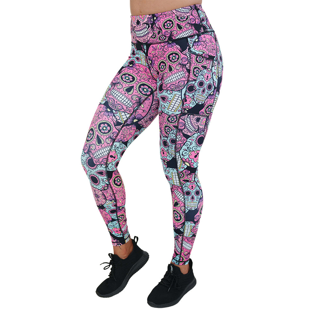 pink, blue & purple skull print leggings