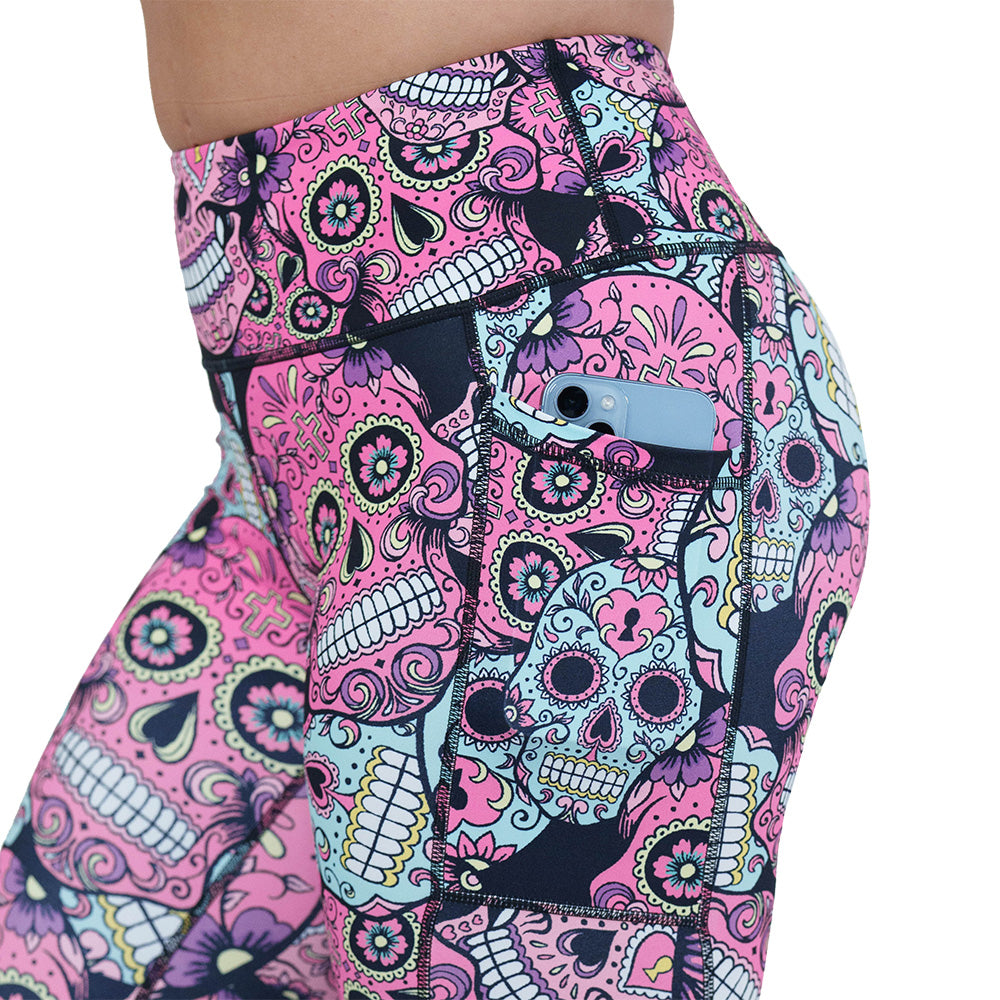 pink, blue & purple skull print leggings