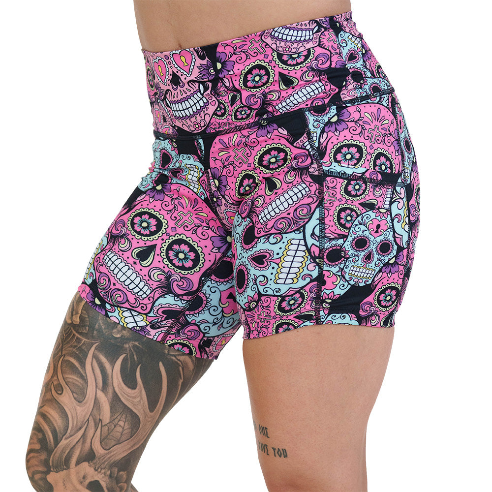 pink, blue & purple skull print shorts