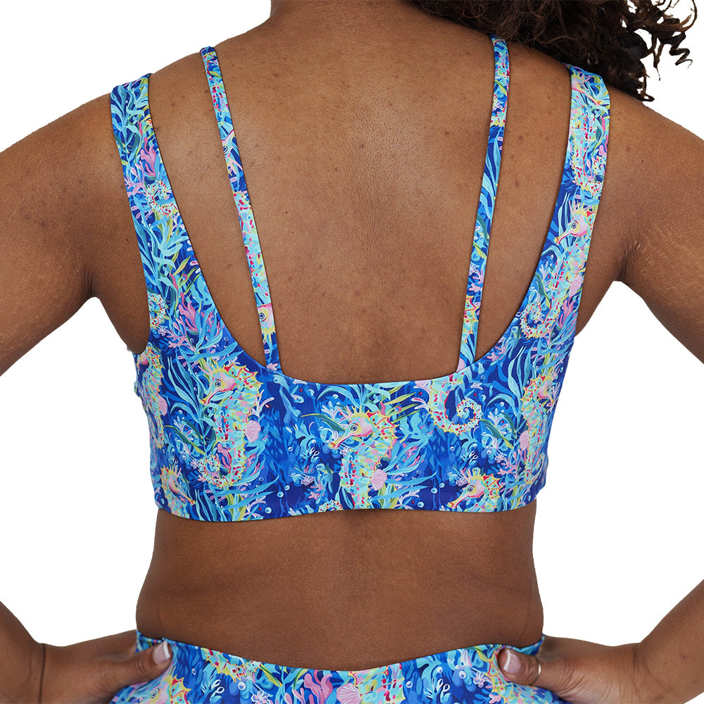 back of the colorful seahorse patterned bra