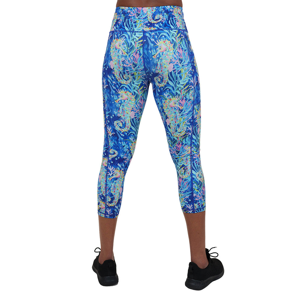 back of the colorful seahorse patterned leggings