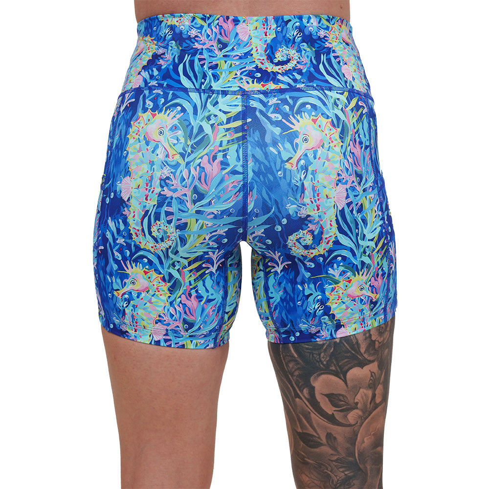 back of the colorful seahorse patterned shorts