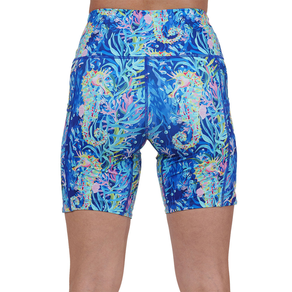back of the colorful seahorse patterned shorts