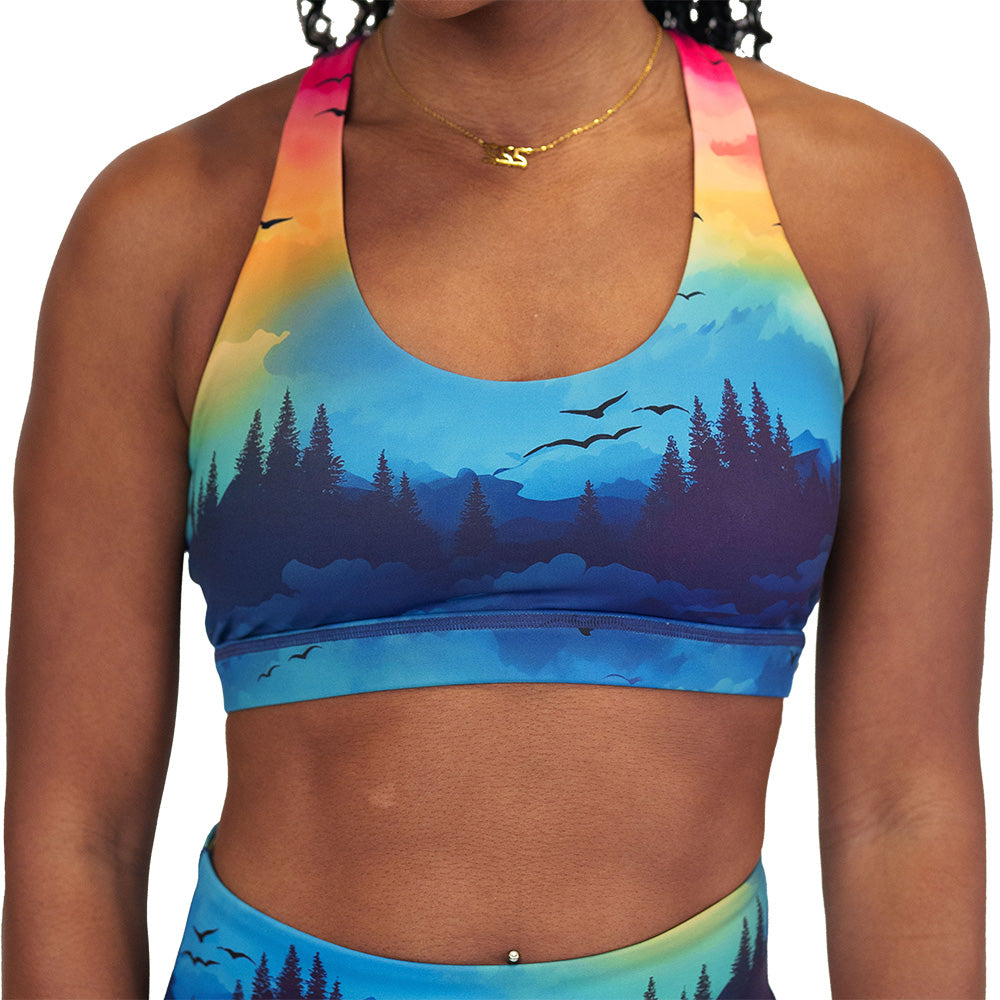 colorful sunset patterned sports bra
