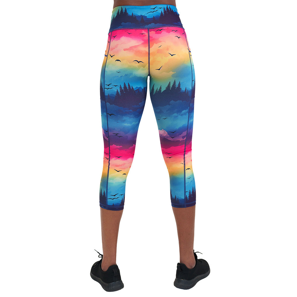 back of the colorful sunset patterned leggings