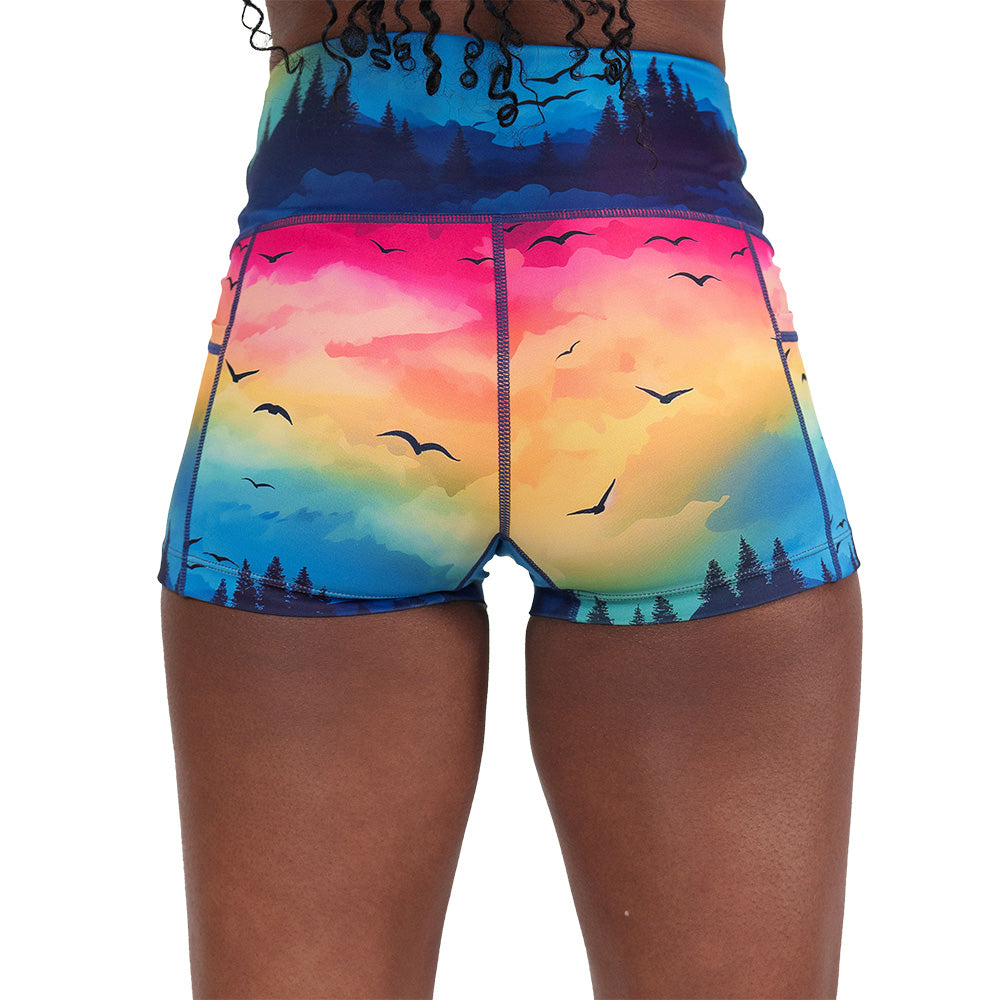 back of the colorful sunset patterned shorts
