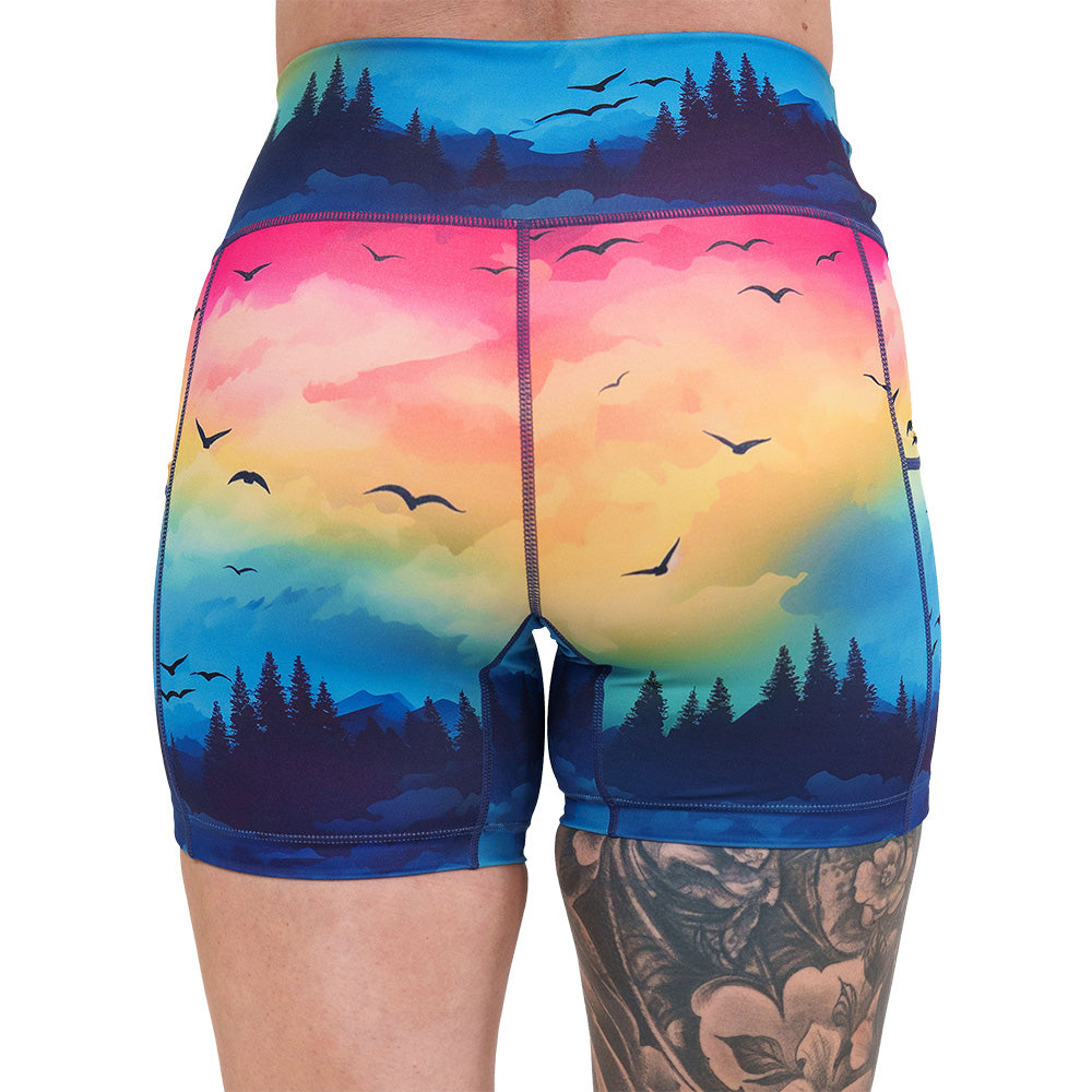 back of the colorful sunset patterned shorts