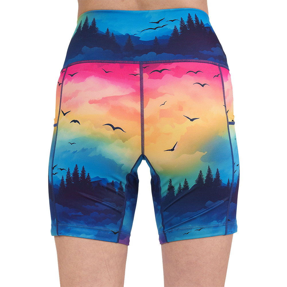 back of the colorful sunset patterned shorts