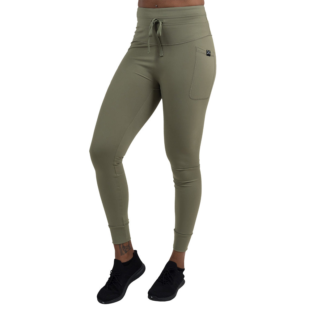 full length omni green tea leggings facing the front against a white background