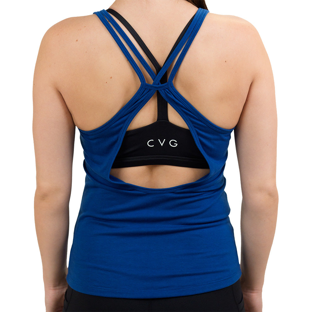 back of the open back dark blue tank top against a white background