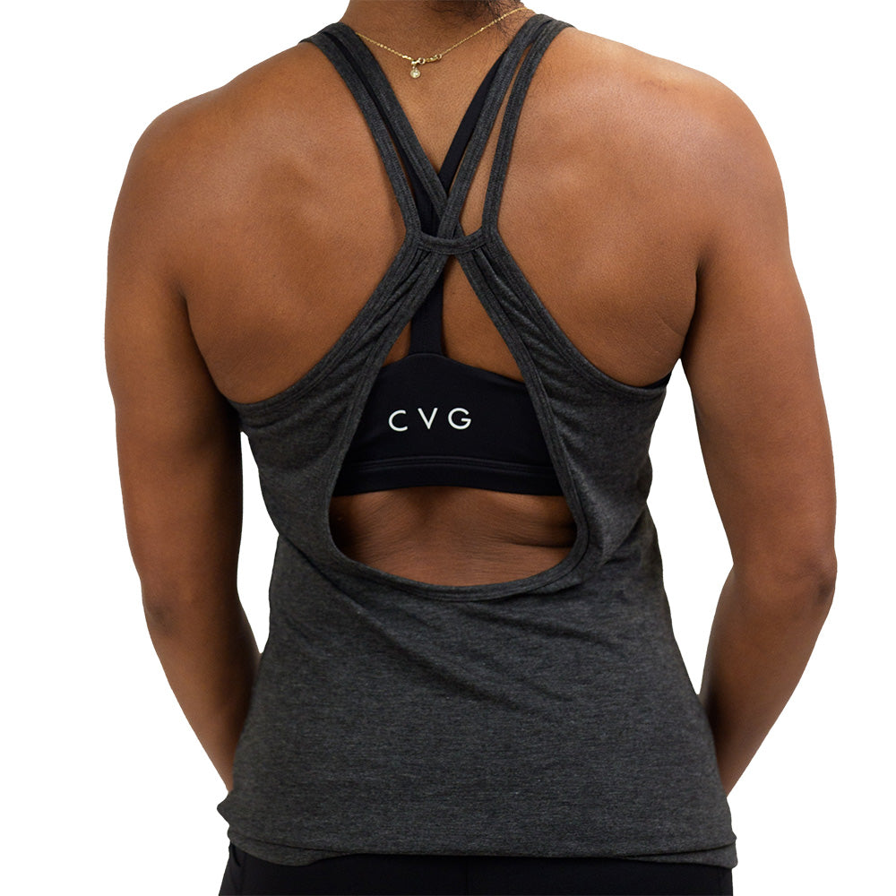 back of the open back grey tank top against white background