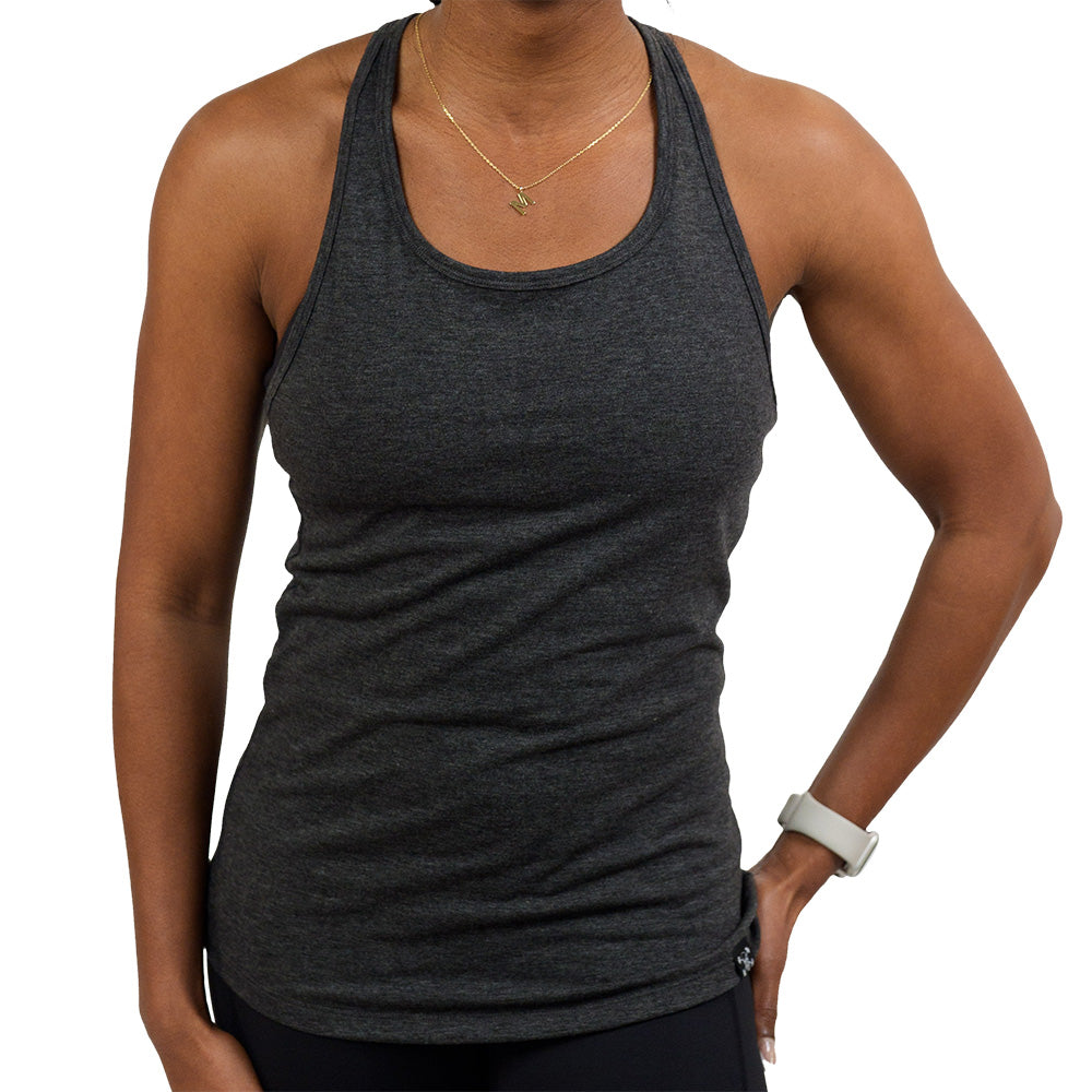 front of the open back grey tank top against a white background