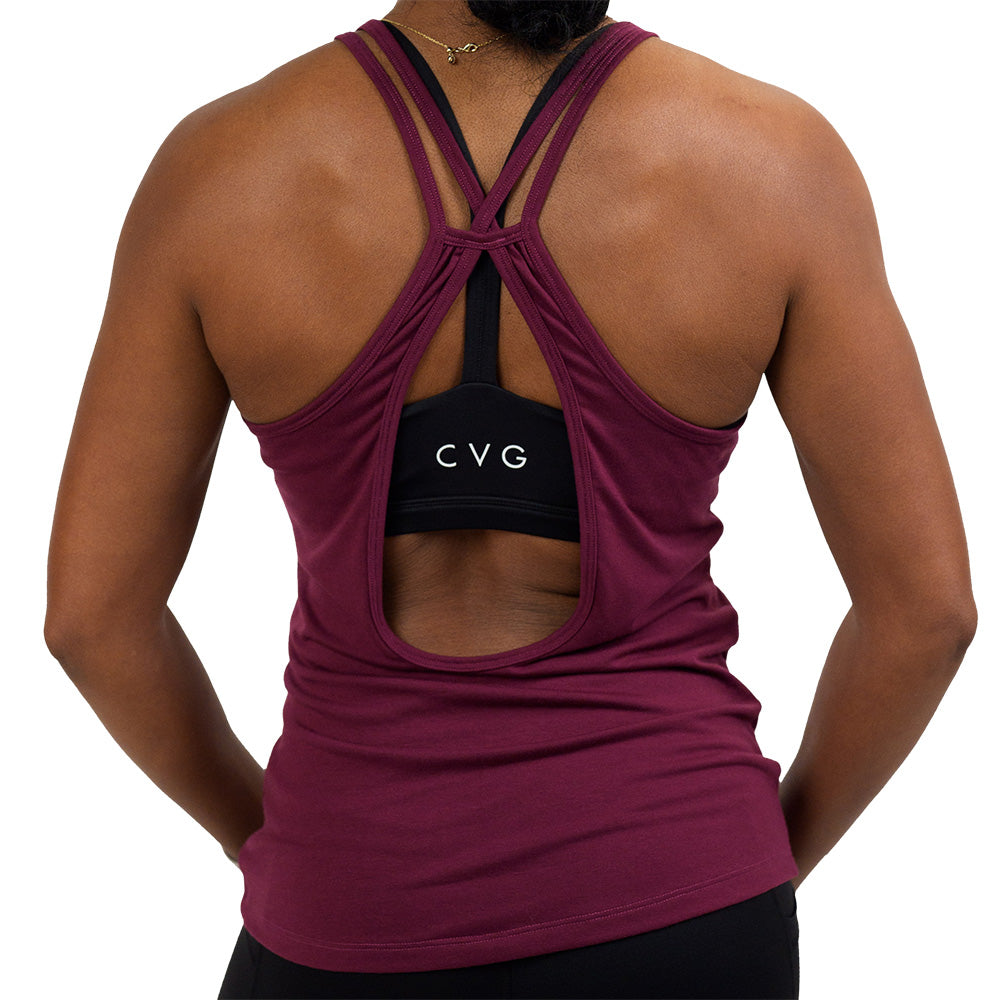 back of the dark red tank top with open back against a white background