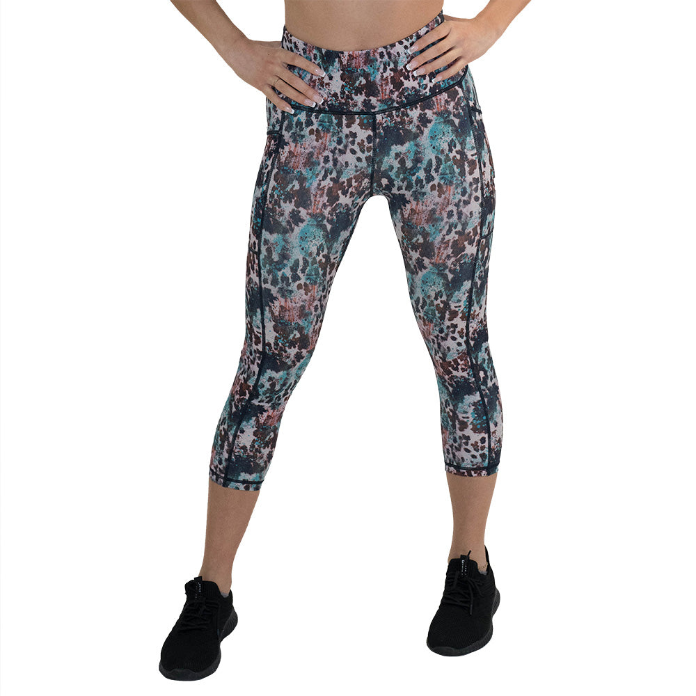 capri length leopard print with teal paint splatter leggings