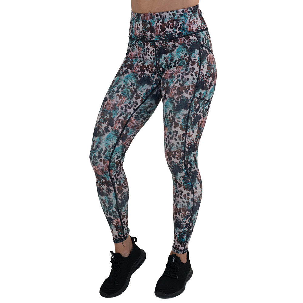 leopard print with teal paint splatter leggings