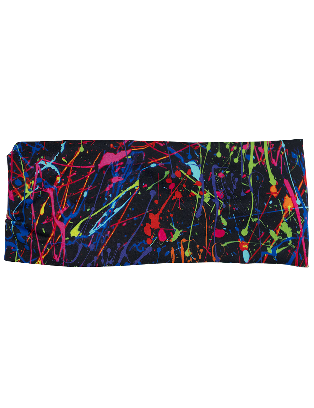 front of the rainbow paint splatter against a black background headband