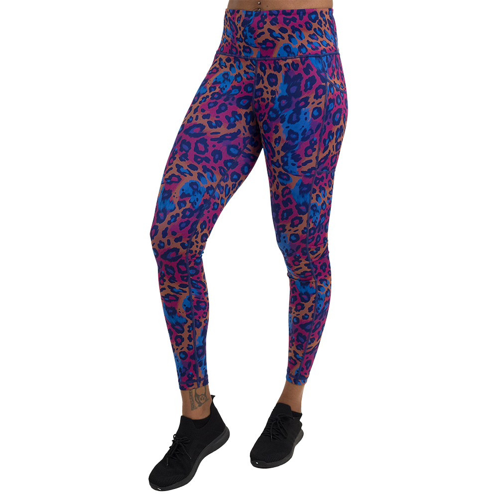 cheetah print against a yellow, blue, and purple background pattern full length leggings facing the front