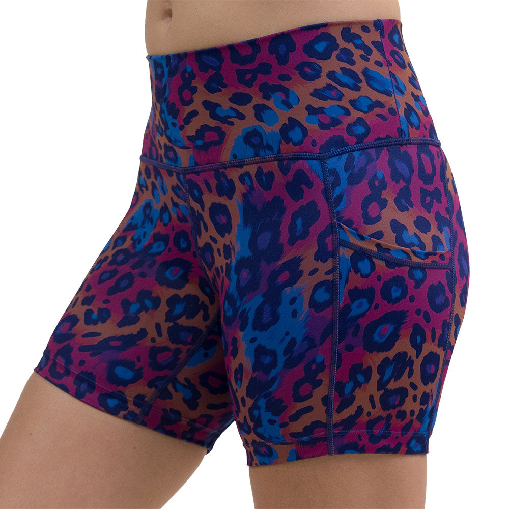 5 inch cheetah print against a yellow, blue, and purple background pattern shorts facing the front against a white background