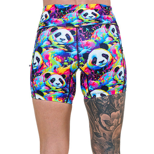 back of 7 inch colorful panda pattern shorts