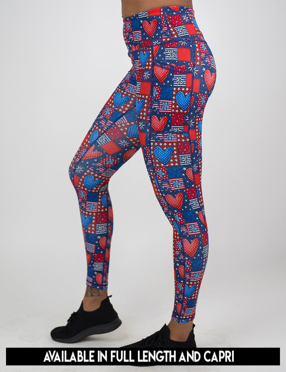 available lengths for the red white and blue with hearts and flowers patchwork pattern leggings, lengths include full length and capri