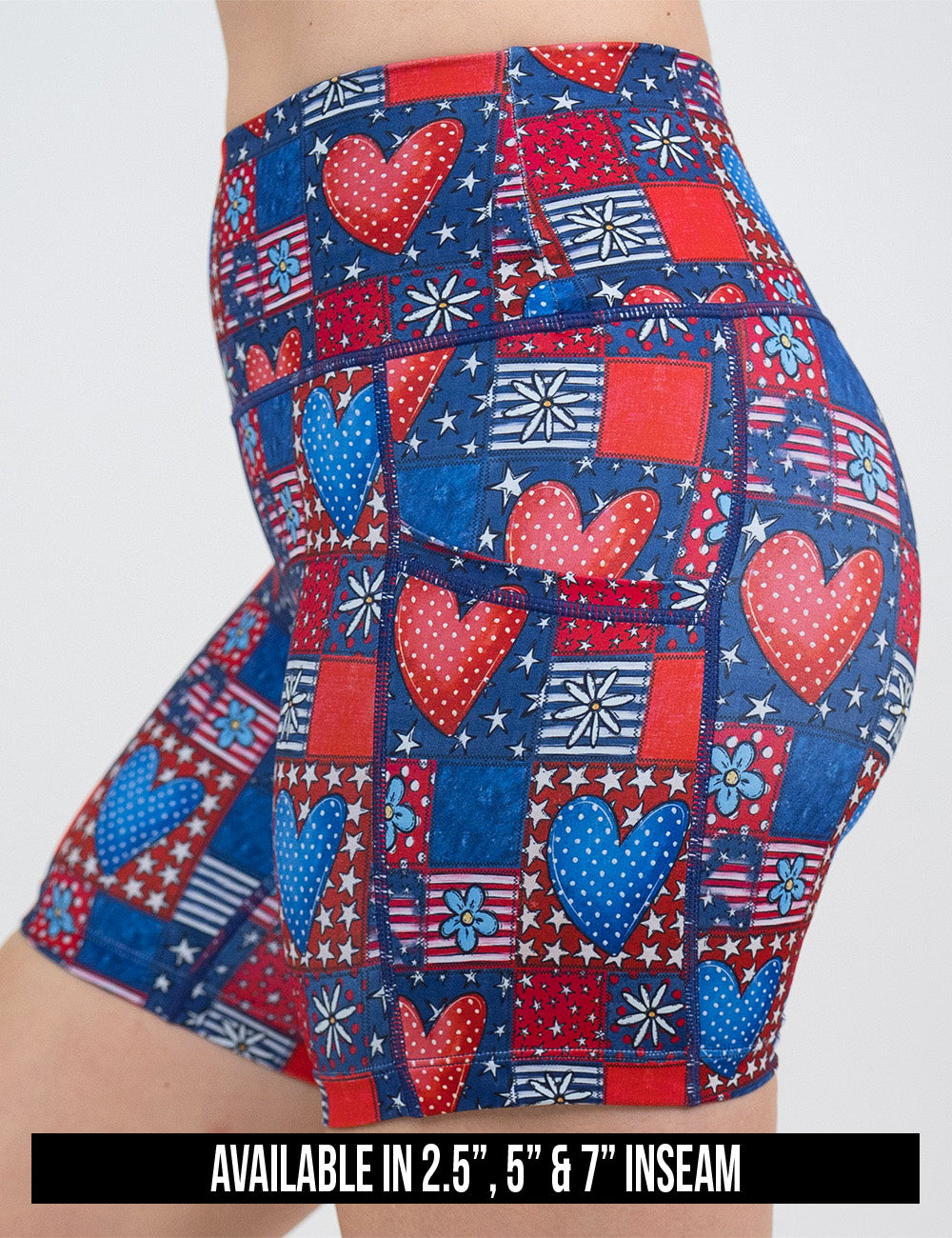 available inseam lengths for the patchwork american flag with red and blue hearts pattern shorts, lengths include 2.5, 5, and 7 inches