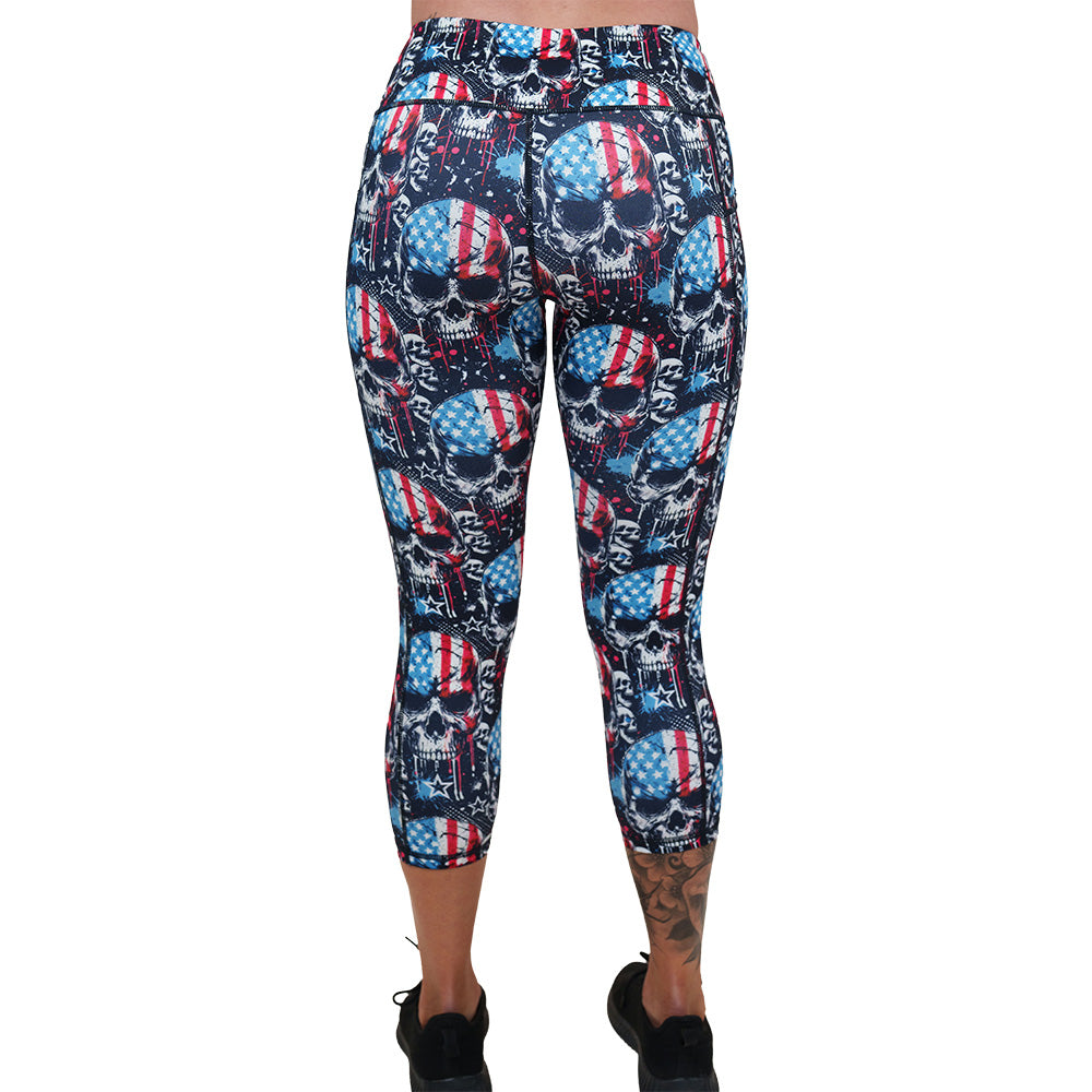 back of the red, white and blue skull patterned leggings