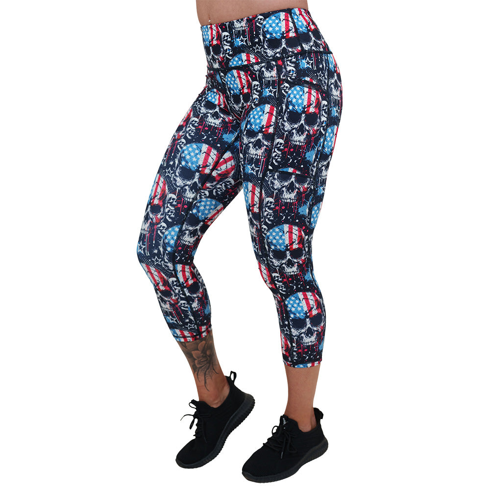 red, white and blue skull patterned leggings