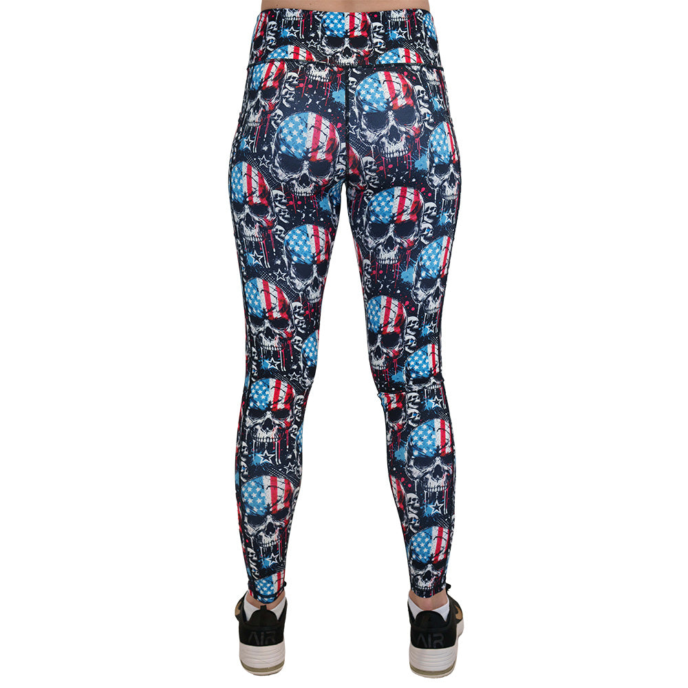 back of the red, white and blue skull patterned leggings