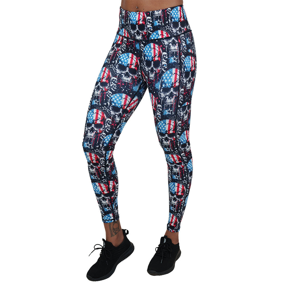red, white and blue skull patterned leggings