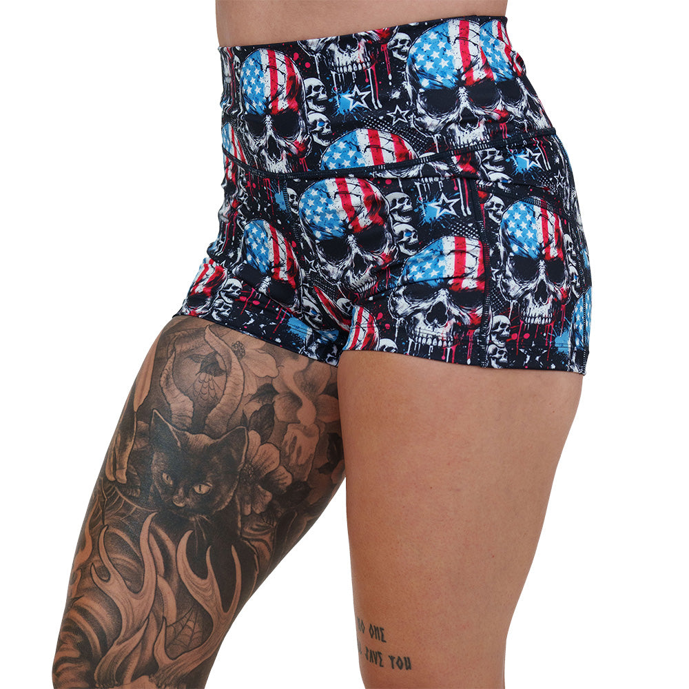 red, white and blue skull patterned shorts