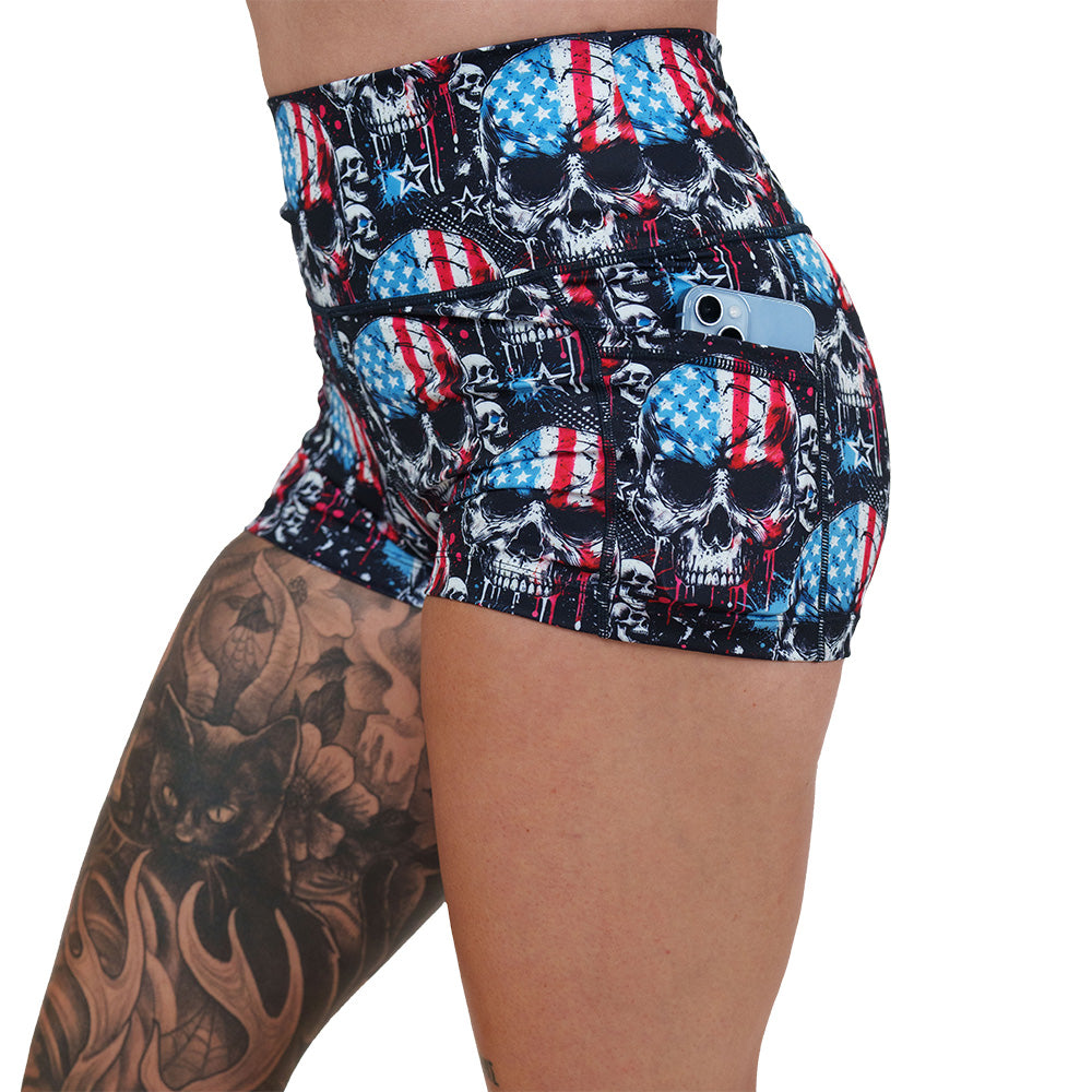 red, white and blue skull patterned shorts