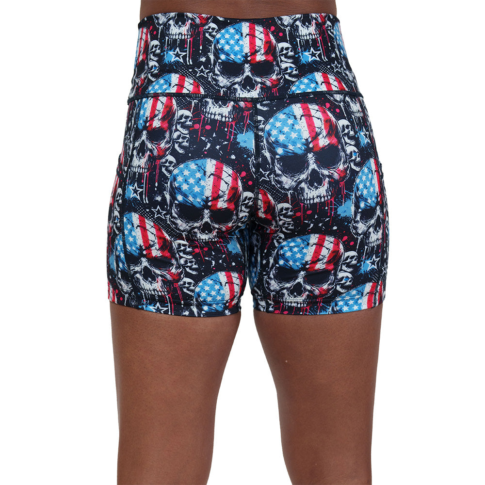 back of the red, white and blue skull patterned shorts