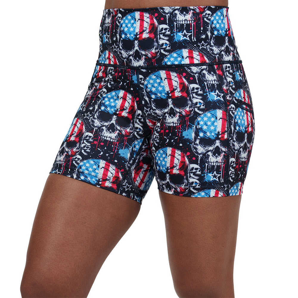 red, white and blue skull patterned shorts
